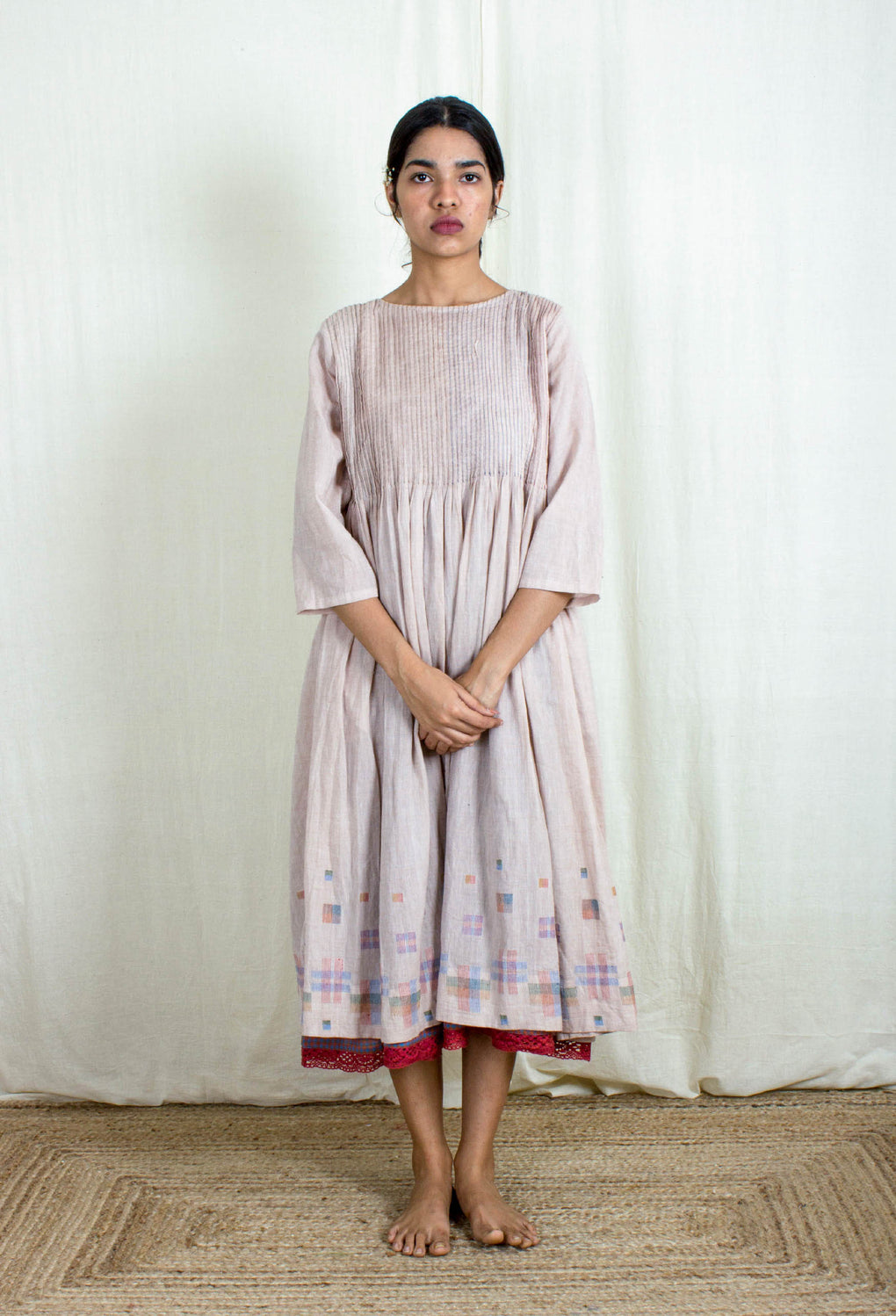 Zephyr - Pleated Light Pale Pink Dress with Gingham Lace Slip - Karnam