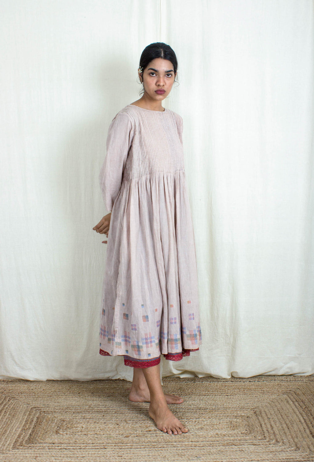 Zephyr - Pleated Light Pale Pink Dress with Gingham Lace Slip - Karnam