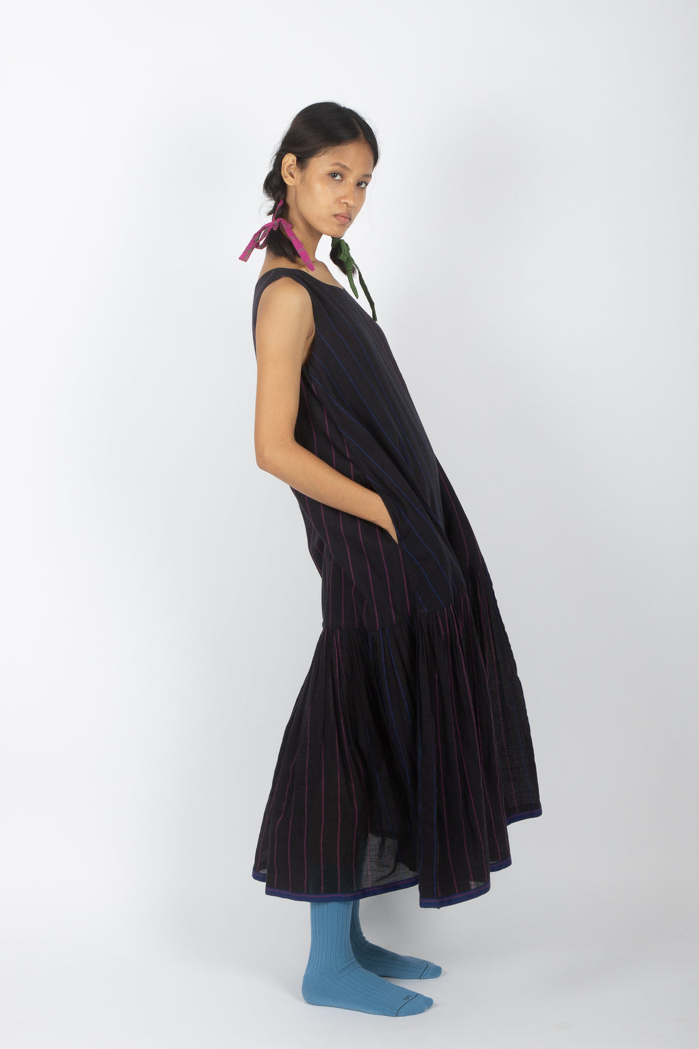 Aruea: Sleeveless Tiered Handwoven Muslin Dress.
