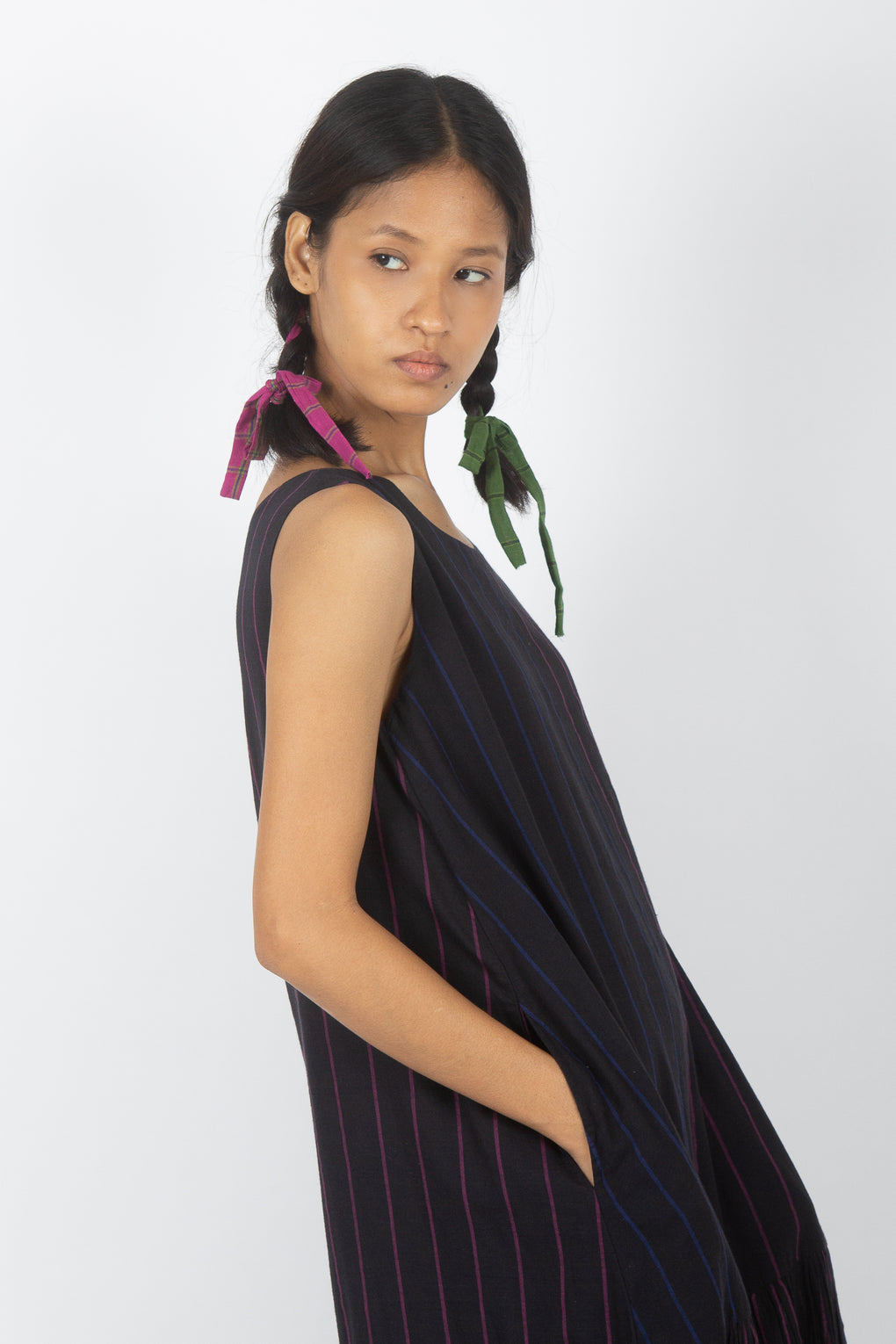 Aruea: Sleeveless Tiered Handwoven Muslin Dress.
