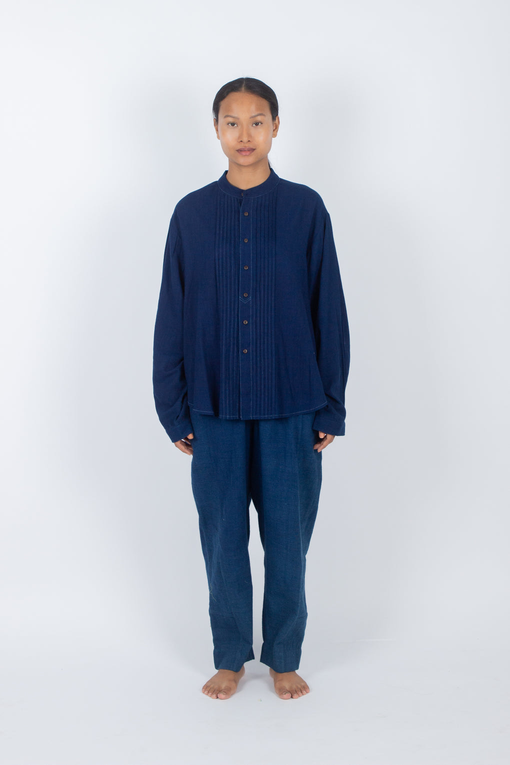 Pala - Classic Indigo Mandrin Collar Pleated Shirt Top