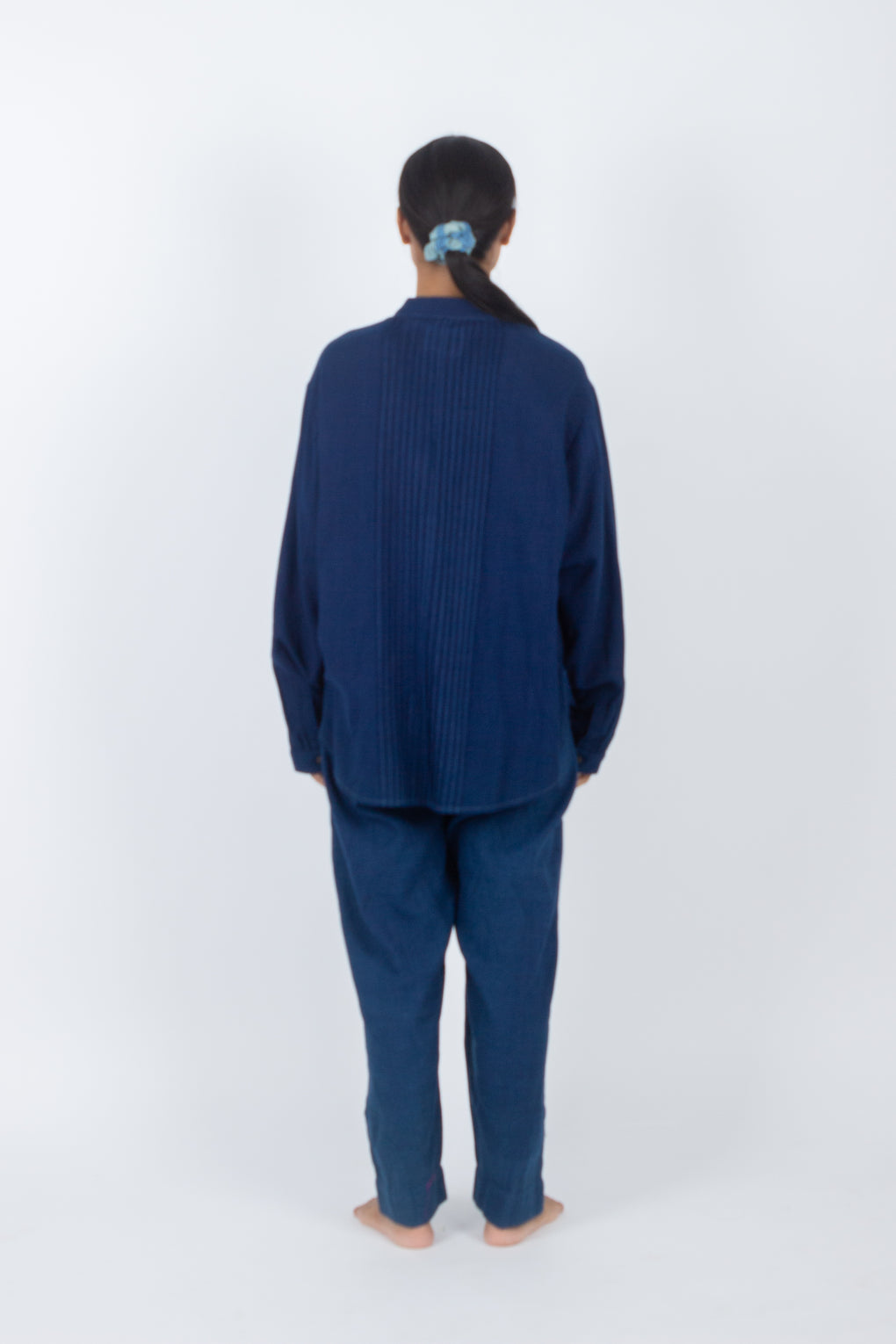 Pala - Classic Indigo Mandrin Collar Pleated Shirt Top