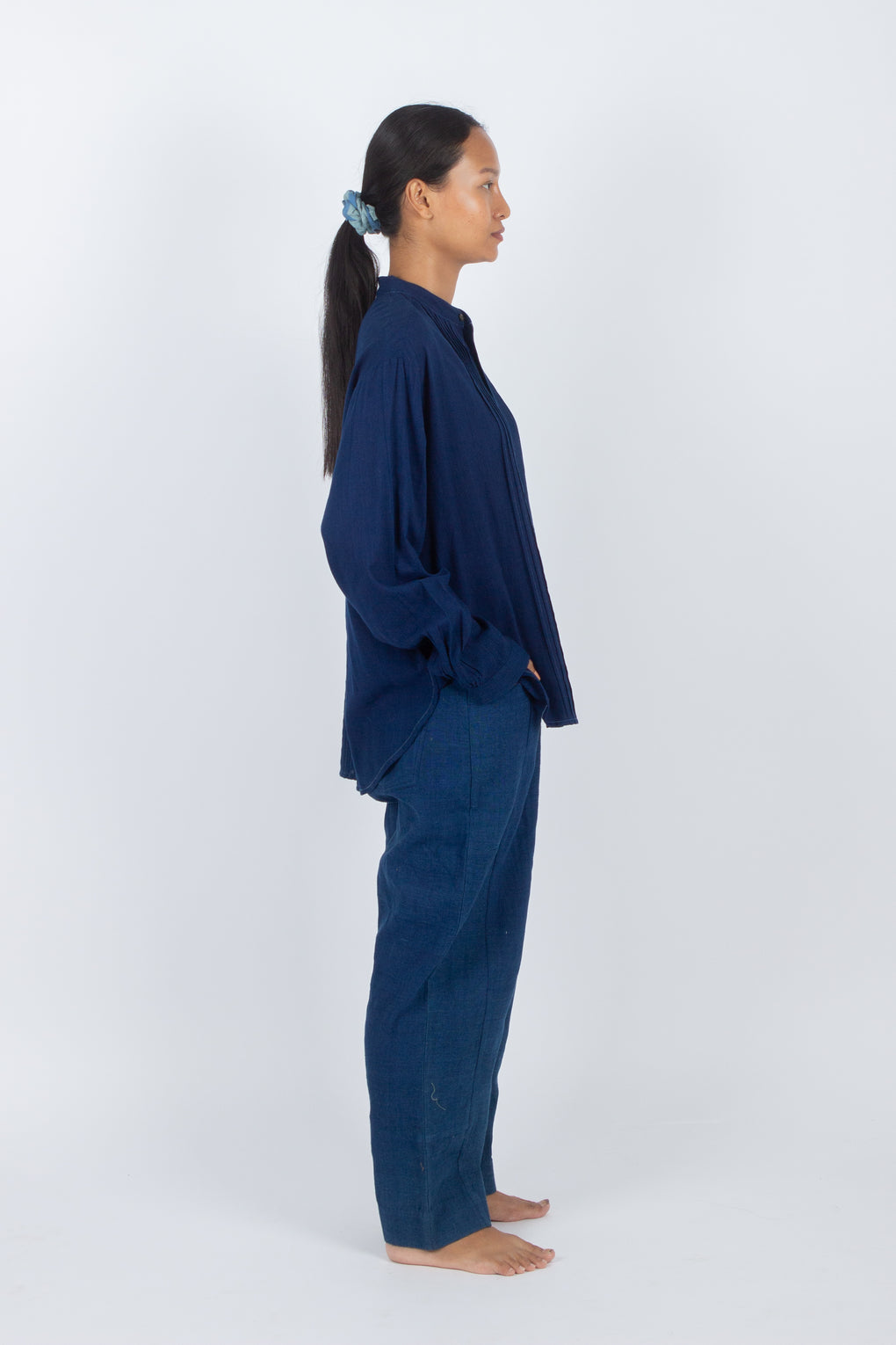 Pala - Classic Indigo Mandrin Collar Pleated Shirt Top