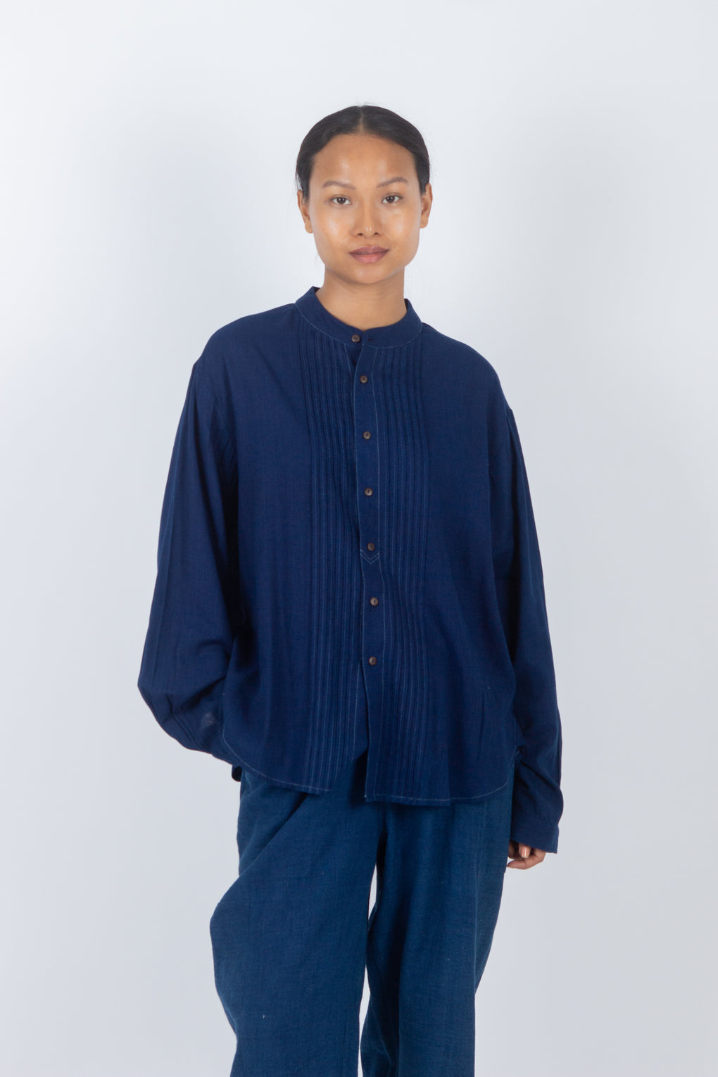 Pala - Classic Indigo Mandrin Collar Pleated Shirt Top