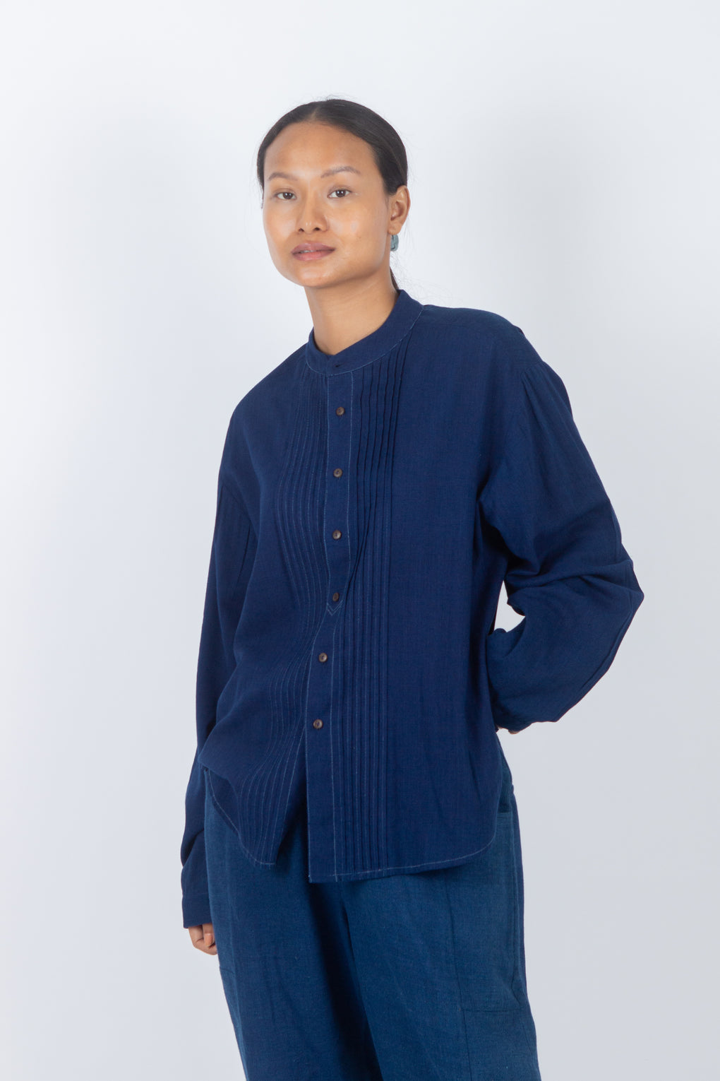 Pala - Classic Indigo Mandrin Collar Pleated Shirt Top