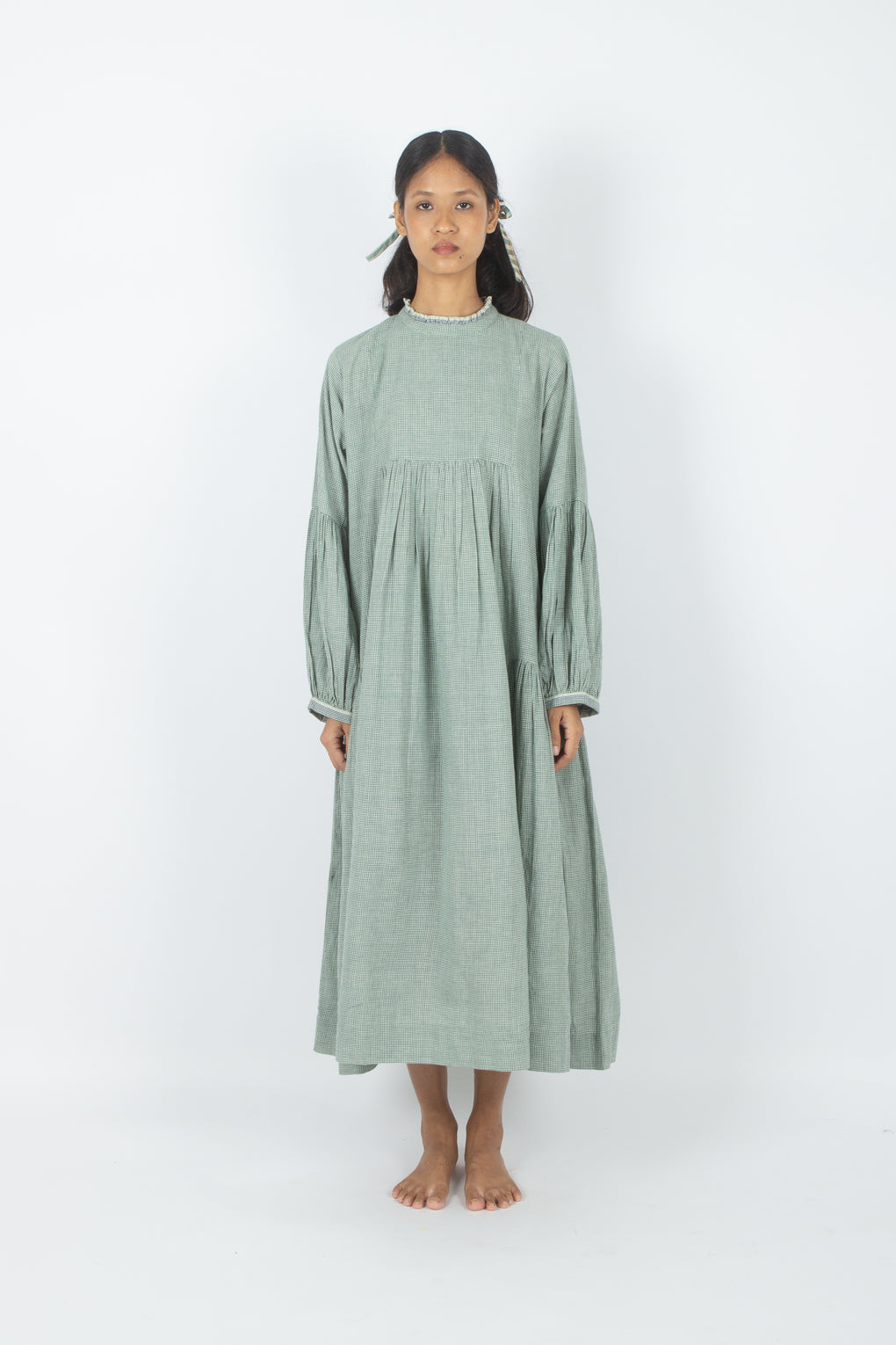 Egaila - Vestido de guinga de algodón verde mar tejido a mano