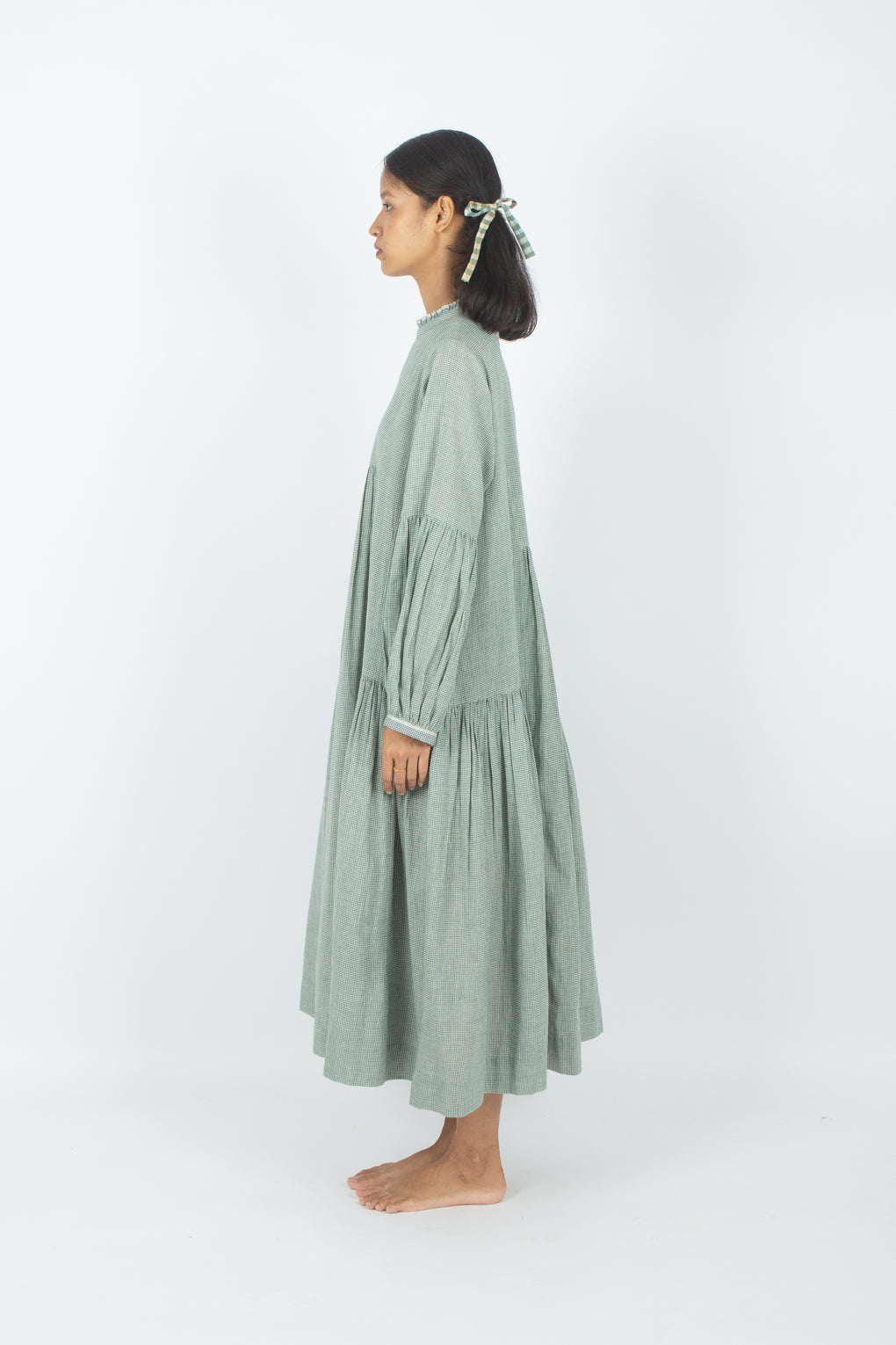 Egaila - Vestido de guinga de algodón verde mar tejido a mano
