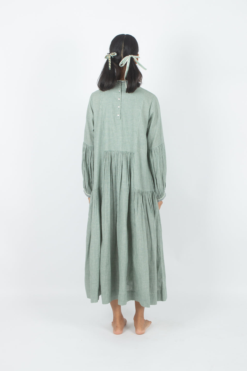 Egaila - Vestido de guinga de algodón verde mar tejido a mano