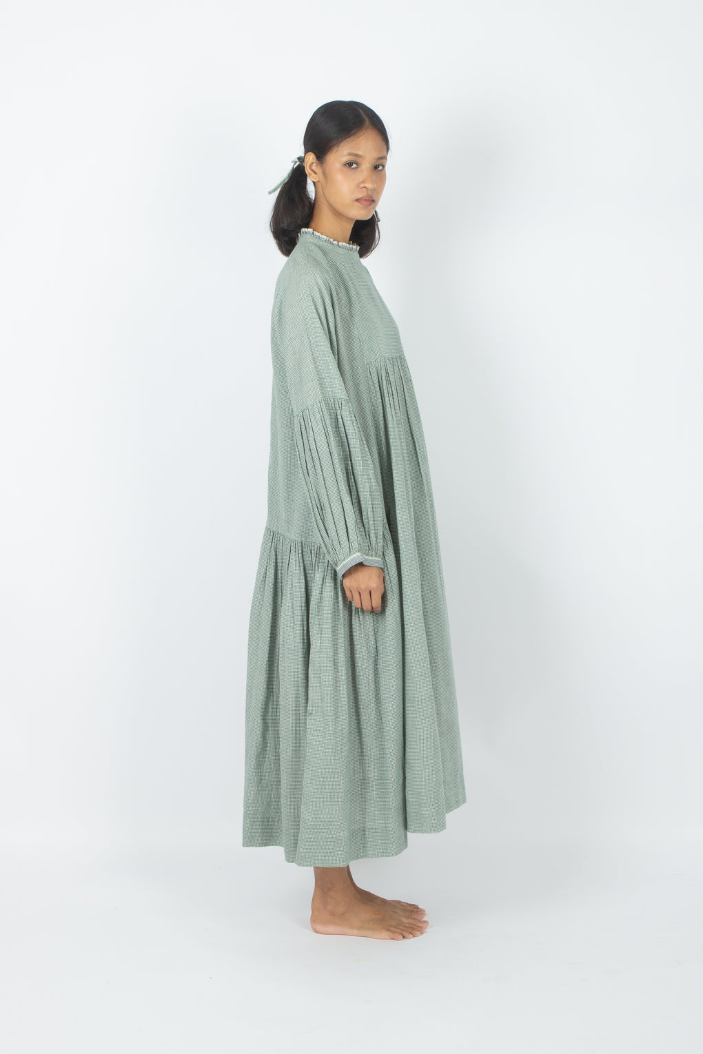 Egaila - Vestido de guinga de algodón verde mar tejido a mano