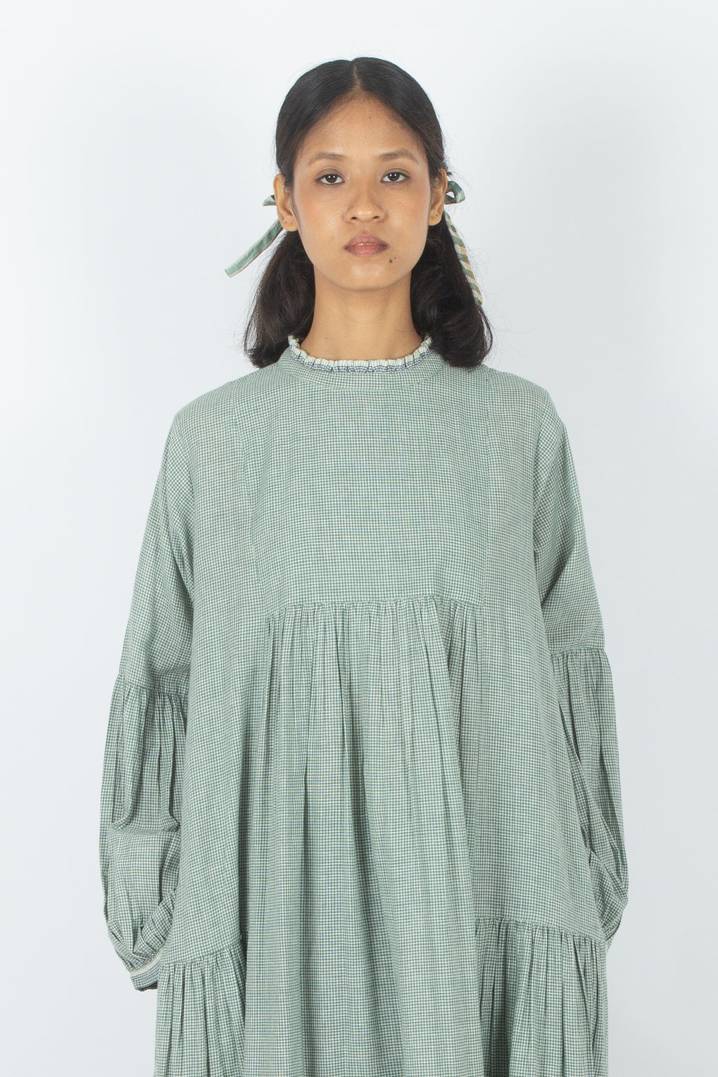 Egaila - Vestido de guinga de algodón verde mar tejido a mano