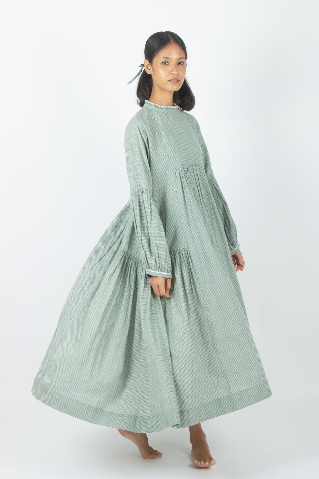 Egaila - Vestido de guinga de algodón verde mar tejido a mano