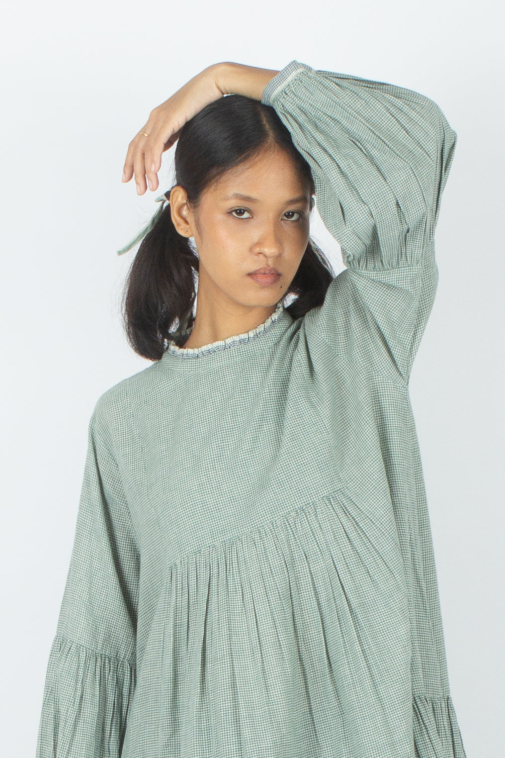Egaila - Vestido de guinga de algodón verde mar tejido a mano