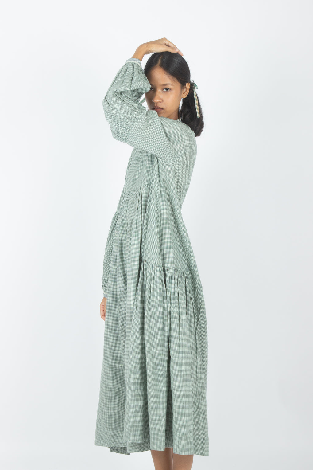 Egaila - Vestido de guinga de algodón verde mar tejido a mano
