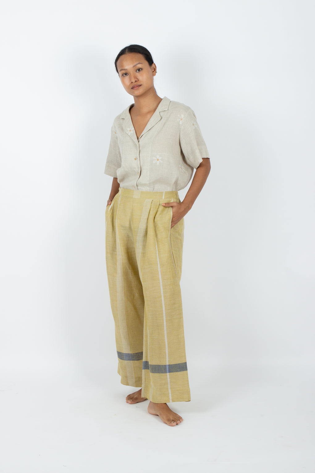 Tokeh - Pantalón de lino y algodón amarillo mostaza