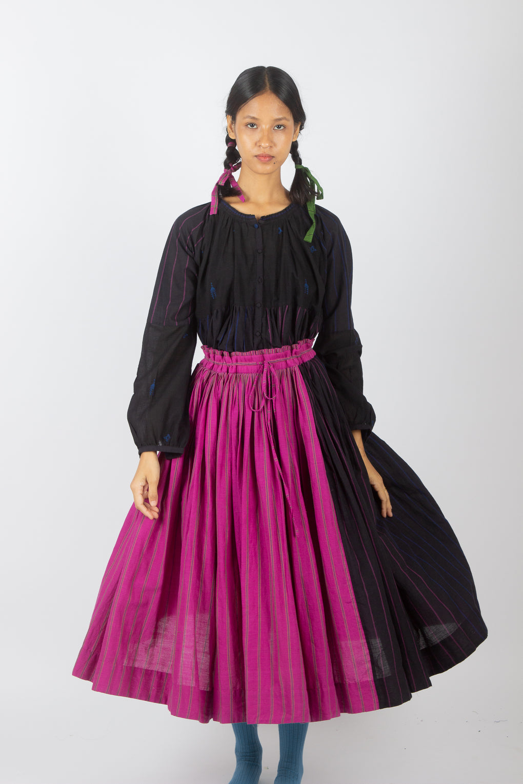 Jamdani eco-friendly black shirt top with skirt flair colorful detailing