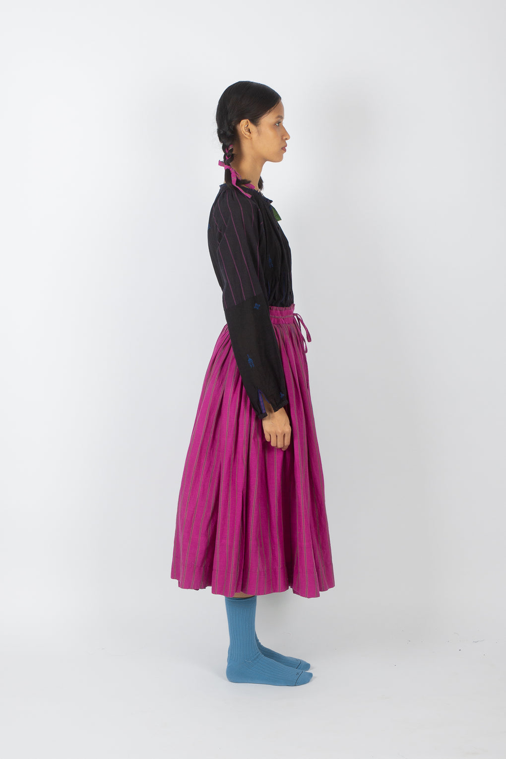 Side view of Handwoven eco-friendly black jamdani shirt top with skirt
