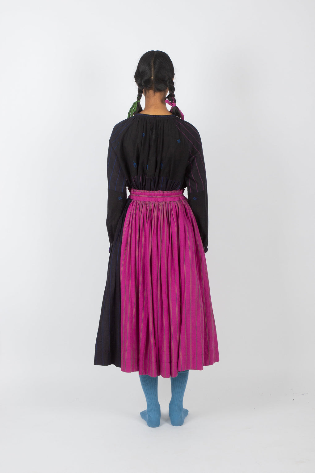 back of Side view of Handwoven eco-friendly black jamdani shirt top with skirt