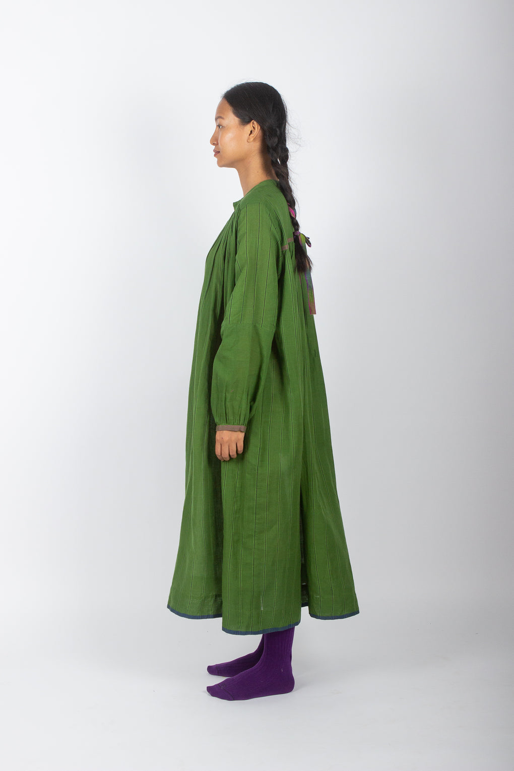 detailing green dress muslin cotton ethically made by Karnam