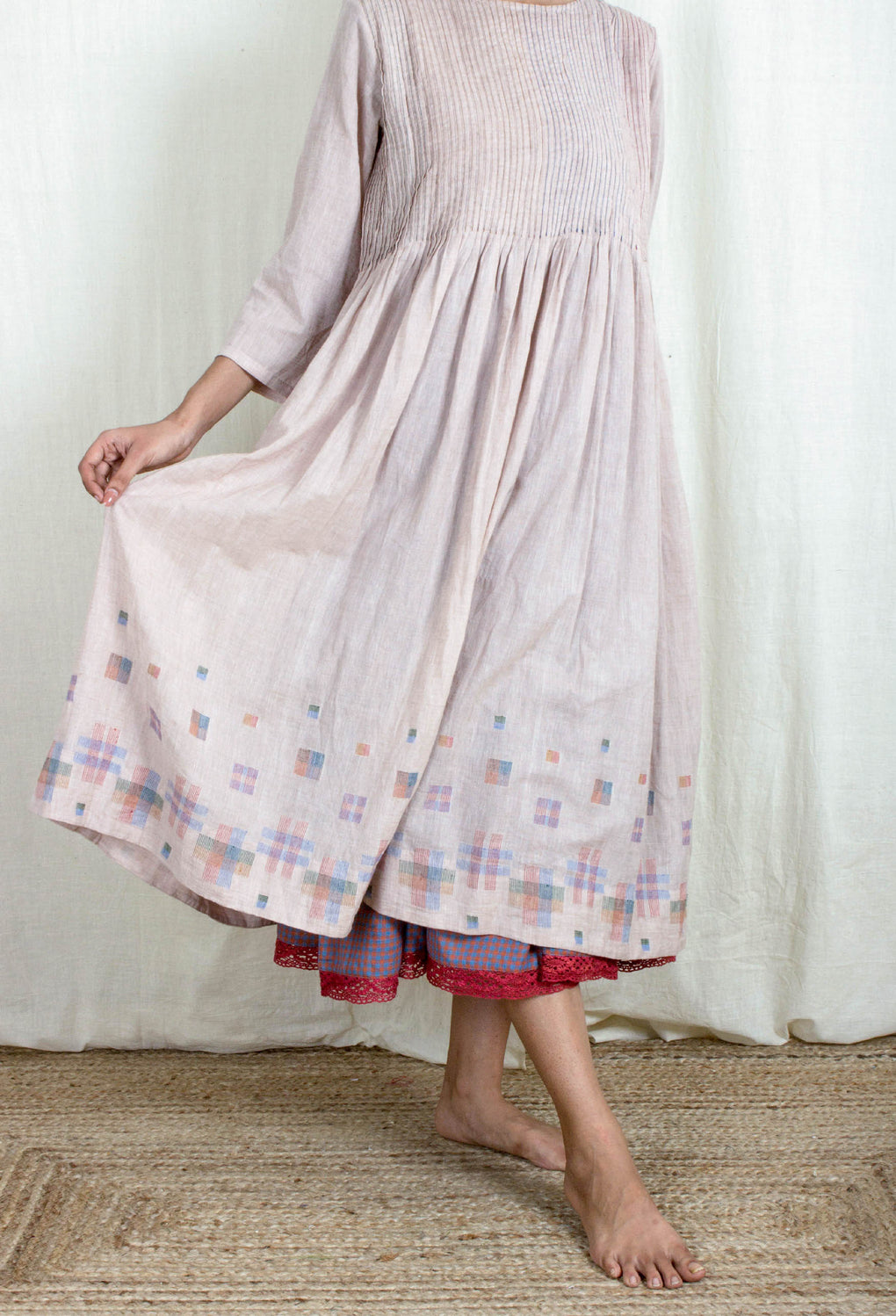 Zephyr - Pleated Light Pale Pink Dress with Gingham Lace Slip - Karnam