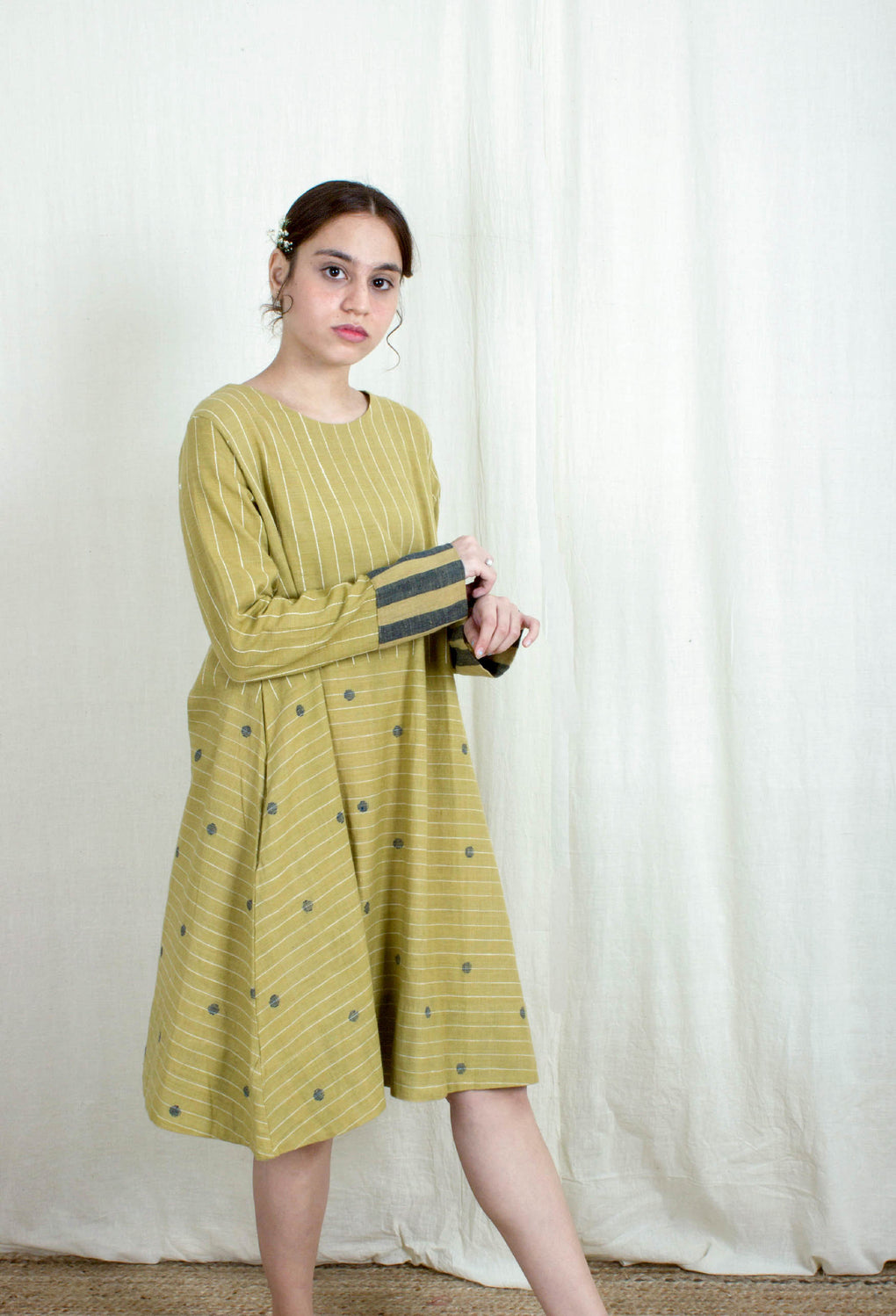 Heliophilia- Knee Length Mustard A-Line Dress - Karnam