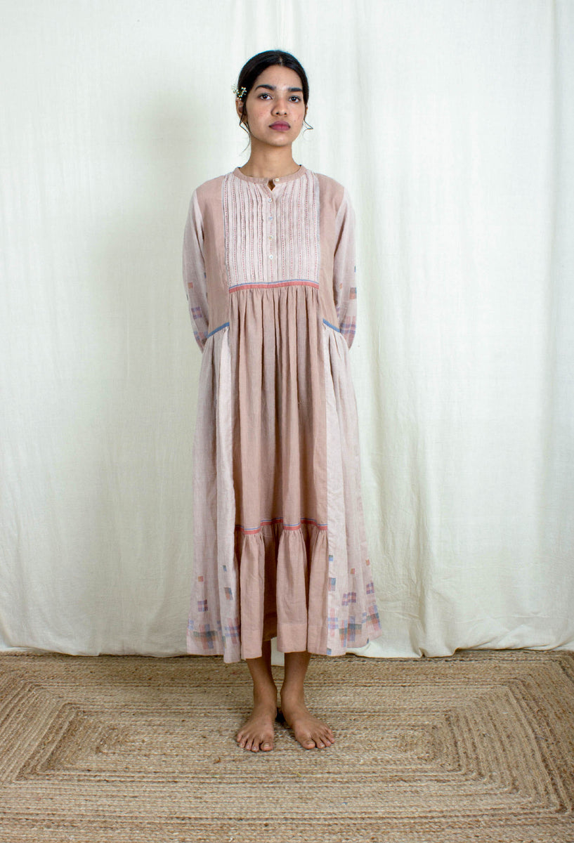 London- Magenta Pink Handwoven Muslin Jamdani Long Shirt Dress