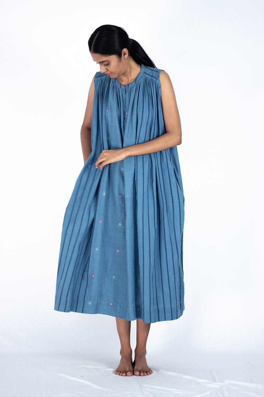 Biaude - Indigo neck gathered dress - Karnam
