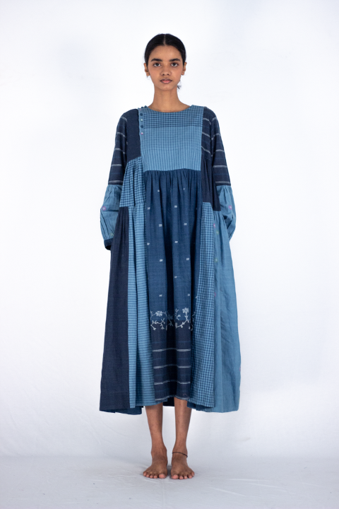 Shop Indigo Cotton Dress - Handwoven Jamdani Wear Karnam Shop Indigo Cotton Dress - Handwoven Jamdani Wear Karnam