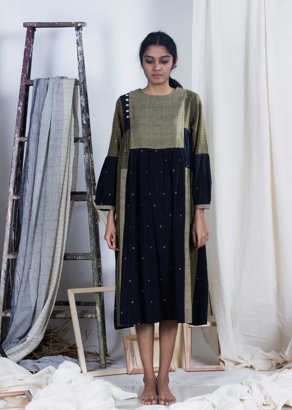 Tarama - Mix & match cotton jamdani gathered dress - Karnam